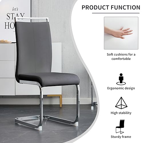 HAIZAO 79 inch Glass Dining Table Set for 8, Tempered Glass Tabletop with Silver Plated Metal Legs & Black MDF Crossbars, PU Faux Leather Chairs with Silver Metal Legs, for Kitchen, Dark Grey