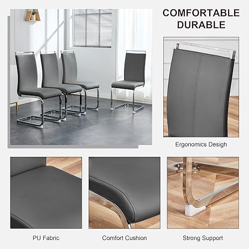 HAIZAO 79 inch Glass Dining Table Set for 8, Tempered Glass Tabletop with Silver Plated Metal Legs & Black MDF Crossbars, PU Faux Leather Chairs with Silver Metal Legs, for Kitchen, Dark Grey