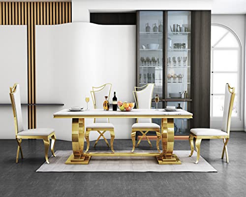 Nimaolt 7 Piece Marble Dining Table Set, Luxury Gold Dining Table Set for 6, 70" White Marble Dining Room Table and 6 Leather Upholstered Chairs, Modern Marble Kitchen Table and Chairs Set