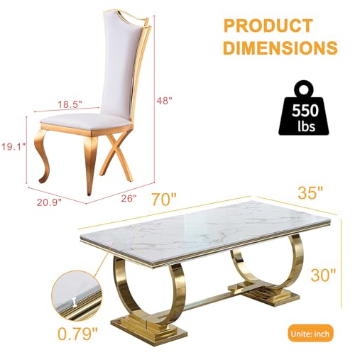 Nimaolt 7 Piece Marble Dining Table Set, Luxury Gold Dining Table Set for 6, 70" White Marble Dining Room Table and 6 Leather Upholstered Chairs, Modern Marble Kitchen Table and Chairs Set