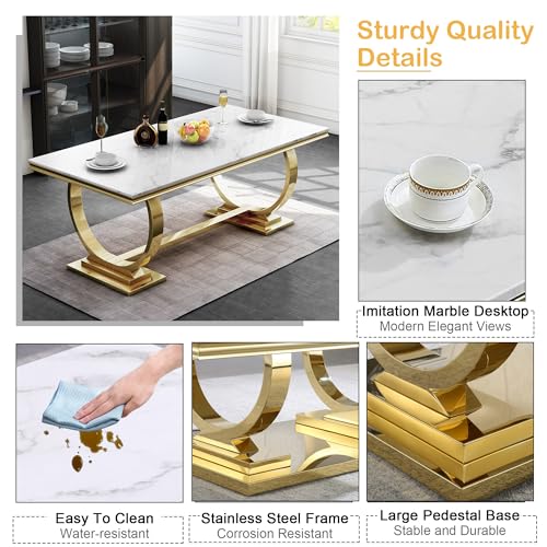 Nimaolt 7 Piece Marble Dining Table Set, Luxury Gold Dining Table Set for 6, 70" White Marble Dining Room Table and 6 Leather Upholstered Chairs, Modern Marble Kitchen Table and Chairs Set