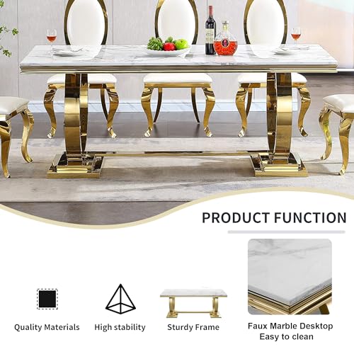 Nimaolt 7 Piece Marble Dining Table Set, Luxury Gold Dining Table Set for 6, 70" White Marble Dining Room Table and 6 Leather Upholstered Chairs, Modern Marble Kitchen Table and Chairs Set