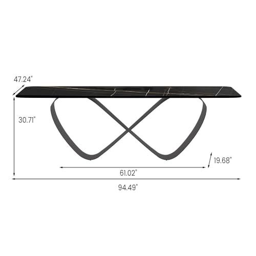 POVISON 94" Modern Mable Dining Table for 10, Rectangle Dinner Table, Large Sintered Stone Dinning Room Table with Butterfly Shape Carbon Steel Base, Matte Black Kitchen Table(Table Only)