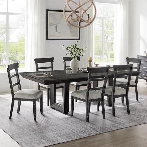 kevinplus 98'' Rustic Wood Dining Table Extendable Kitchen Table & 6 Chairs, Modern Farmhouse Countryside Rectangular Dining Room Table for 6 (7-Pcs: 1 Table+6 Chair, Dark Gray)
