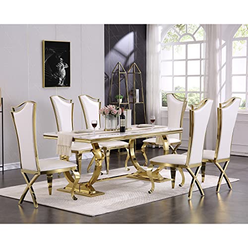Asday 7 Piece Dining Table Set for 6, Gold Kitchen and Dining Room Sets with Chairs, Metal Circling Base Dining Table in White Gold, White Leather Upholstered Dining Chairs with Gold Metal Legs