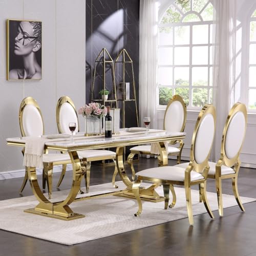 ACEDÉCOR 7 Pieces White and Gold Dining Room Table Set for 6, White Gold Leather Dining Chairs and Stainless Steel U-Base Dining Table