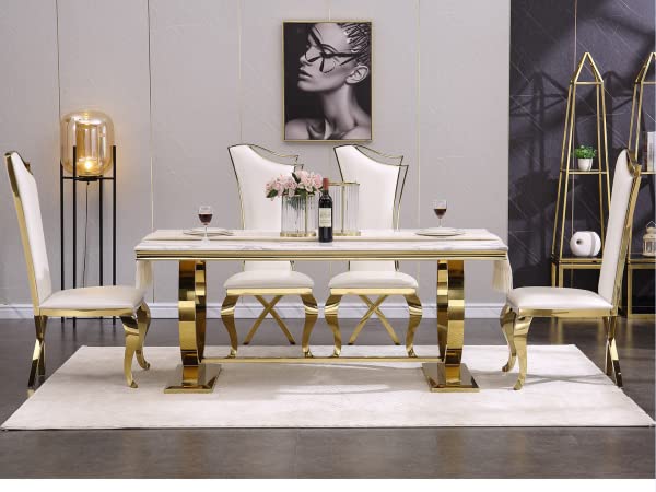 Asday 7 Piece Dining Table Set for 6, Gold Kitchen and Dining Room Sets with Chairs, Metal Circling Base Dining Table in White Gold, White Leather Upholstered Dining Chairs with Gold Metal Legs