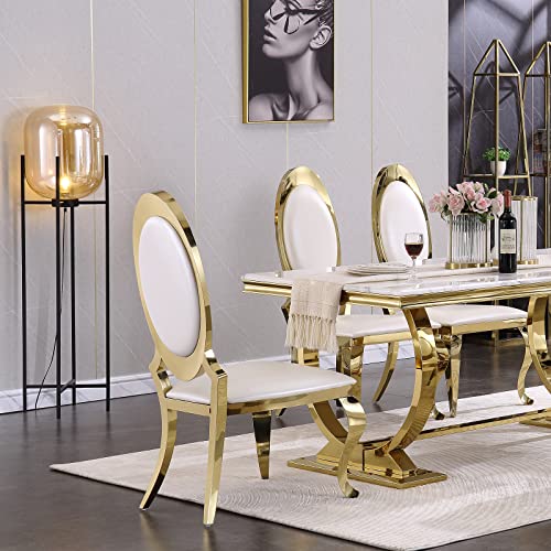 ACEDÉCOR 7 Pieces White and Gold Dining Room Table Set for 6, White Gold Leather Dining Chairs and Stainless Steel U-Base Dining Table