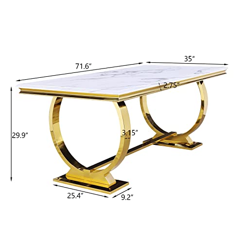 Asday 7 Piece Dining Table Set for 6, Gold Kitchen and Dining Room Sets with Chairs, Metal Circling Base Dining Table in White Gold, White Leather Upholstered Dining Chairs with Gold Metal Legs