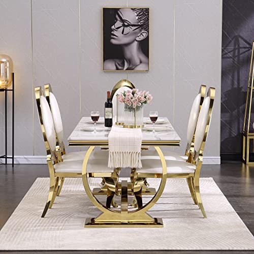 ACEDÉCOR 7 Pieces White and Gold Dining Room Table Set for 6, White Gold Leather Dining Chairs and Stainless Steel U-Base Dining Table