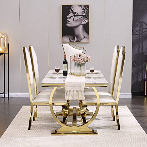 Asday 7 Piece Dining Table Set for 6, Gold Kitchen and Dining Room Sets with Chairs, Metal Circling Base Dining Table in White Gold, White Leather Upholstered Dining Chairs with Gold Metal Legs