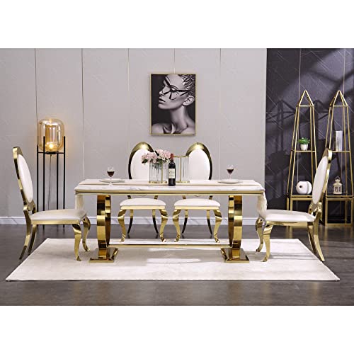 ACEDÉCOR 7 Pieces White and Gold Dining Room Table Set for 6, White Gold Leather Dining Chairs and Stainless Steel U-Base Dining Table