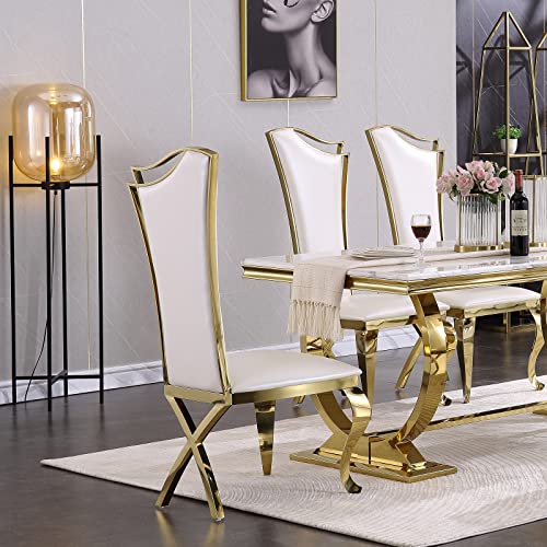 Asday 7 Piece Dining Table Set for 6, Gold Kitchen and Dining Room Sets with Chairs, Metal Circling Base Dining Table in White Gold, White Leather Upholstered Dining Chairs with Gold Metal Legs