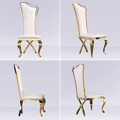 Asday 7 Piece Dining Table Set for 6, Gold Kitchen and Dining Room Sets with Chairs, Metal Circling Base Dining Table in White Gold, White Leather Upholstered Dining Chairs with Gold Metal Legs