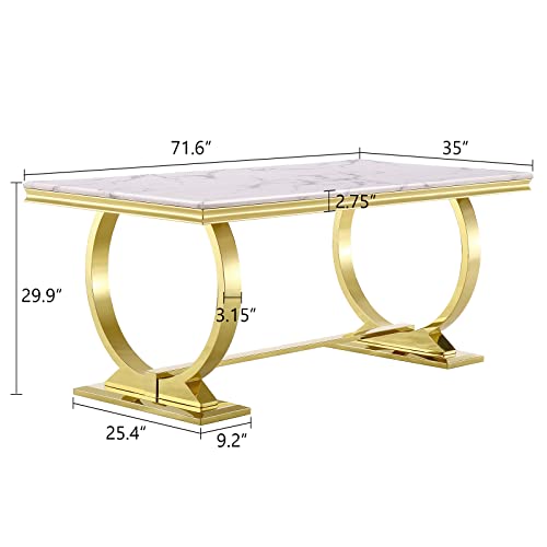 ACEDÉCOR 7 Pieces White and Gold Dining Room Table Set for 6, White Gold Leather Dining Chairs and Stainless Steel U-Base Dining Table