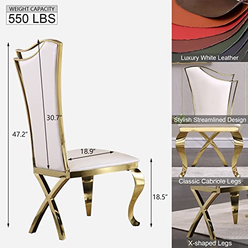 Asday 7 Piece Dining Table Set for 6, Gold Kitchen and Dining Room Sets with Chairs, Metal Circling Base Dining Table in White Gold, White Leather Upholstered Dining Chairs with Gold Metal Legs