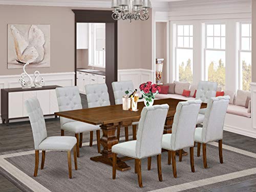 East West Furniture LAEL9-88-05 9 Piece Dining Set Includes a Rectangle Dining Room Table with Removable Leaf and 8 Grey Linen Fabric Upholstered Chairs, 42x92 Inch, Walnut