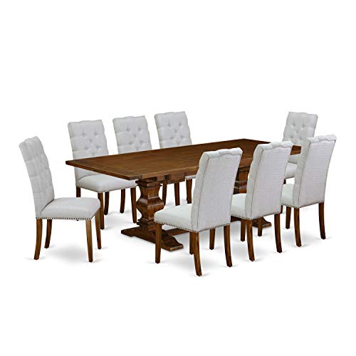 East West Furniture LAEL9-88-05 9 Piece Dining Set Includes a Rectangle Dining Room Table with Removable Leaf and 8 Grey Linen Fabric Upholstered Chairs, 42x92 Inch, Walnut