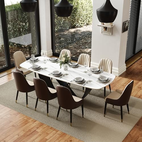 POVISON 94" Modern Mable Dining Table for 10, Rectangle Dinner Table, Large Sintered Stone Dinning Room Table with Butterfly Shape Carbon Steel Base, Matte White Kitchen Table(Table Only)