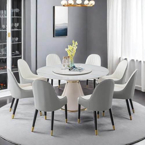 Leavader 9-Piece Dining Table Set - 59" Round Dining Table with Rotating Tray, 1 Faux Marble Dining Table & 8 PU Leather Chairs, Morden Round Stone Dining Table Set for Kitchen, Resterant