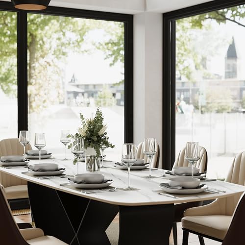 POVISON 94" Modern Mable Dining Table for 10, Rectangle Dinner Table, Large Sintered Stone Dinning Room Table with Butterfly Shape Carbon Steel Base, Matte White Kitchen Table(Table Only)