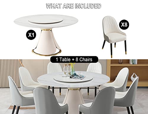 Leavader 9-Piece Dining Table Set - 59" Round Dining Table with Rotating Tray, 1 Faux Marble Dining Table & 8 PU Leather Chairs, Morden Round Stone Dining Table Set for Kitchen, Resterant