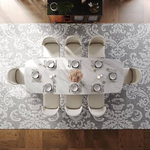 POVISON 94" Modern Mable Dining Table for 10, Rectangle Dinner Table, Large Sintered Stone Dinning Room Table with Butterfly Shape Carbon Steel Base, Matte White Kitchen Table(Table Only)