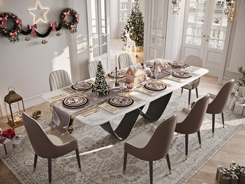 POVISON 94" Modern Mable Dining Table for 10, Rectangle Dinner Table, Large Sintered Stone Dinning Room Table with Butterfly Shape Carbon Steel Base, Matte White Kitchen Table(Table Only)