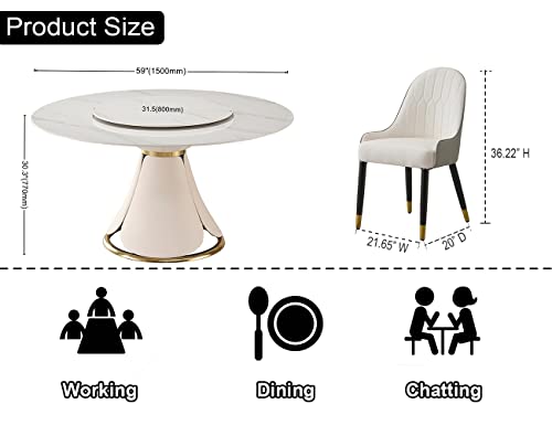 Leavader 9-Piece Dining Table Set - 59" Round Dining Table with Rotating Tray, 1 Faux Marble Dining Table & 8 PU Leather Chairs, Morden Round Stone Dining Table Set for Kitchen, Resterant
