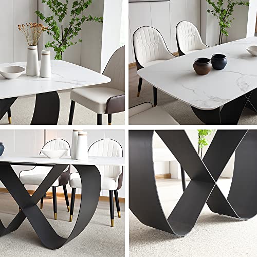 POVISON 94" Modern Mable Dining Table for 10, Rectangle Dinner Table, Large Sintered Stone Dinning Room Table with Butterfly Shape Carbon Steel Base, Matte White Kitchen Table(Table Only)