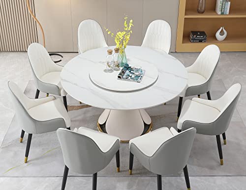 Leavader 9-Piece Dining Table Set - 59" Round Dining Table with Rotating Tray, 1 Faux Marble Dining Table & 8 PU Leather Chairs, Morden Round Stone Dining Table Set for Kitchen, Resterant