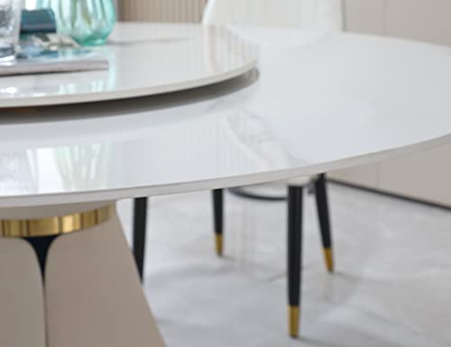 Leavader 9-Piece Dining Table Set - 59" Round Dining Table with Rotating Tray, 1 Faux Marble Dining Table & 8 PU Leather Chairs, Morden Round Stone Dining Table Set for Kitchen, Resterant