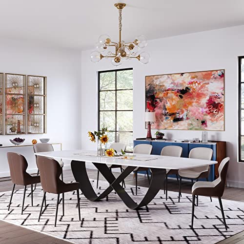 POVISON 94" Modern Mable Dining Table for 10, Rectangle Dinner Table, Large Sintered Stone Dinning Room Table with Butterfly Shape Carbon Steel Base, Matte White Kitchen Table(Table Only)