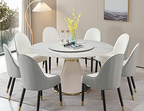Leavader 9-Piece Dining Table Set - 59" Round Dining Table with Rotating Tray, 1 Faux Marble Dining Table & 8 PU Leather Chairs, Morden Round Stone Dining Table Set for Kitchen, Resterant