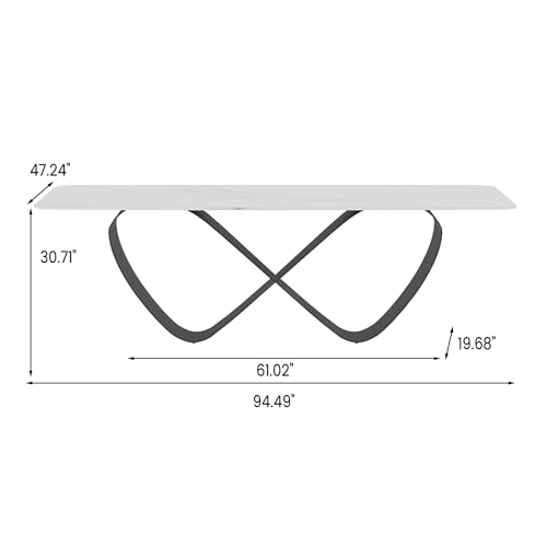 POVISON 94" Modern Mable Dining Table for 10, Rectangle Dinner Table, Large Sintered Stone Dinning Room Table with Butterfly Shape Carbon Steel Base, Matte White Kitchen Table(Table Only)