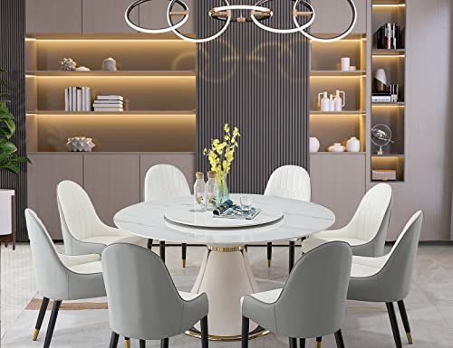 Leavader 9-Piece Dining Table Set - 59" Round Dining Table with Rotating Tray, 1 Faux Marble Dining Table & 8 PU Leather Chairs, Morden Round Stone Dining Table Set for Kitchen, Resterant