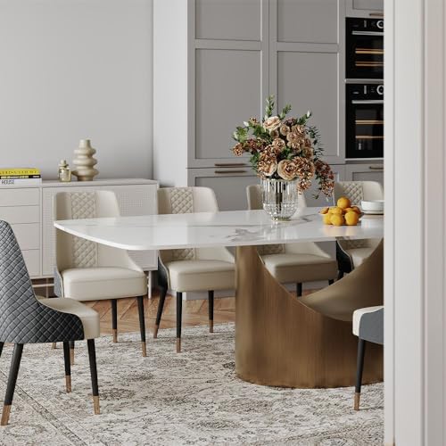 POVISON Modern Dining Table for 8-10, White Marble Dining Room Table Sintered Stone Minimalist Kitchen Table Top with Bronze Carbon Steel Pedestal Table, 94 inch Rectangle Dining Table (Table Only)