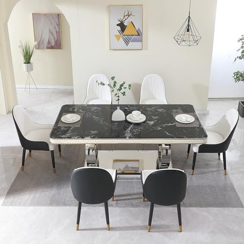 Leavader 7-PCS Luxury Marble Dining Table Set, 79" Modern Dining Room Table Set of 6, Extended Rectangular Kitchen Table Set with 6 Black PU Dining Chairs, Stone Dining Table for Home Office