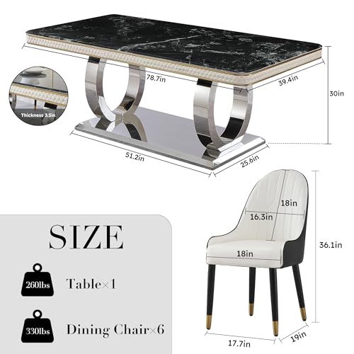 Leavader 7-PCS Luxury Marble Dining Table Set, 79" Modern Dining Room Table Set of 6, Extended Rectangular Kitchen Table Set with 6 Black PU Dining Chairs, Stone Dining Table for Home Office