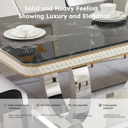 Leavader 7-PCS Luxury Marble Dining Table Set, 79" Modern Dining Room Table Set of 6, Extended Rectangular Kitchen Table Set with 6 Black PU Dining Chairs, Stone Dining Table for Home Office
