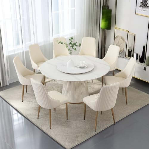 Montary 9 Piece Dining Table Chairs Set, Modern White Dining Table Set of 8, Includes 59" D Marble Round Dining Table with Lazy Susan, 8 Cream Dining Chairs for Home, Kitchen, Dining Room
