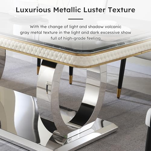 Leavader 7-PCS Luxury Marble Dining Table Set, 79" Modern Dining Room Table Set of 6, Extended Rectangular Kitchen Table Set with 6 Black PU Dining Chairs, Stone Dining Table for Home Office