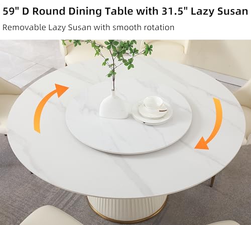 Montary 9 Piece Dining Table Chairs Set, Modern White Dining Table Set of 8, Includes 59" D Marble Round Dining Table with Lazy Susan, 8 Cream Dining Chairs for Home, Kitchen, Dining Room