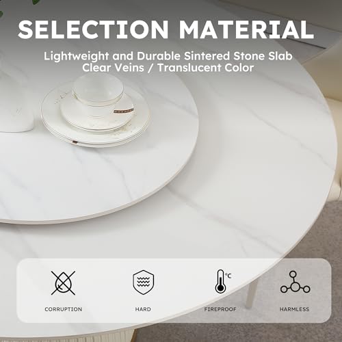 Montary 9 Piece Dining Table Chairs Set, Modern White Dining Table Set of 8, Includes 59" D Marble Round Dining Table with Lazy Susan, 8 Cream Dining Chairs for Home, Kitchen, Dining Room
