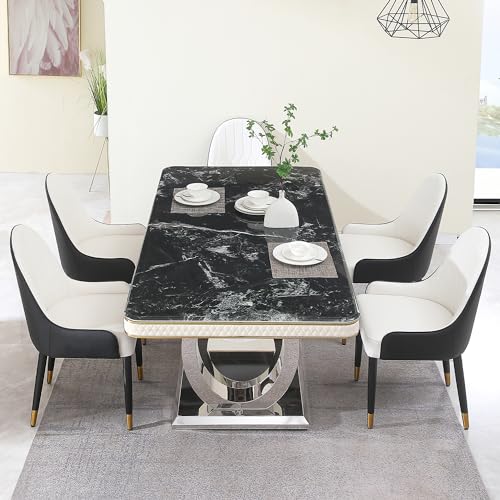 Leavader 7-PCS Luxury Marble Dining Table Set, 79" Modern Dining Room Table Set of 6, Extended Rectangular Kitchen Table Set with 6 Black PU Dining Chairs, Stone Dining Table for Home Office