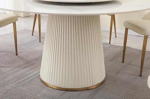 Montary 9 Piece Dining Table Chairs Set, Modern White Dining Table Set of 8, Includes 59" D Marble Round Dining Table with Lazy Susan, 8 Cream Dining Chairs for Home, Kitchen, Dining Room