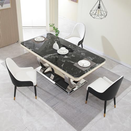 Leavader 7-PCS Luxury Marble Dining Table Set, 79" Modern Dining Room Table Set of 6, Extended Rectangular Kitchen Table Set with 6 Black PU Dining Chairs, Stone Dining Table for Home Office