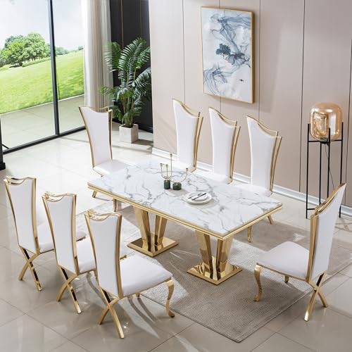 9 Piece Marble Dining Table Set for 8, Luxury Gold Kitchen Table and Chairs Set of 8, 70" White Marble Pedestal Dining Room Table with 8 PU Leather Chairs for Home Kitchen Furniture