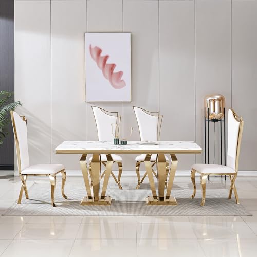 9 Piece Marble Dining Table Set for 8, Luxury Gold Kitchen Table and Chairs Set of 8, 70" White Marble Pedestal Dining Room Table with 8 PU Leather Chairs for Home Kitchen Furniture