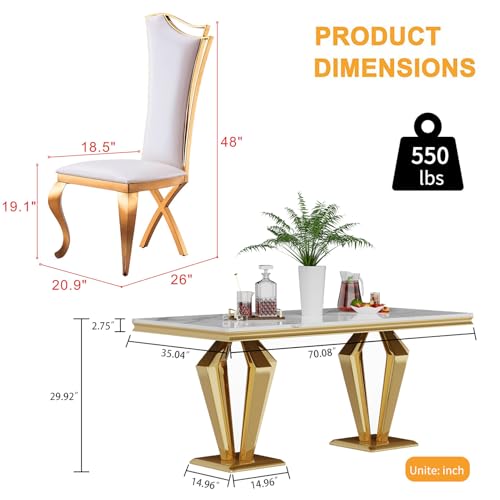 9 Piece Marble Dining Table Set for 8, Luxury Gold Kitchen Table and Chairs Set of 8, 70" White Marble Pedestal Dining Room Table with 8 PU Leather Chairs for Home Kitchen Furniture